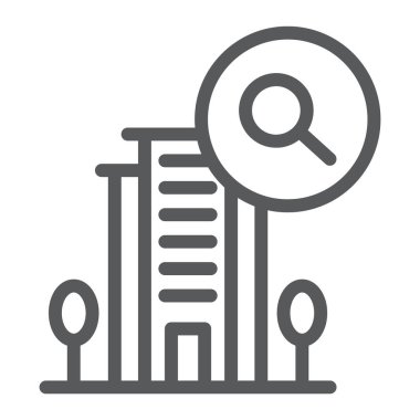 Satırı simgesi, otel ve arama rezervasyon, otel ve Büyüteç Camı'nı imzalamak, vektör grafikleri, Doğrusal model beyaz bir arka plan üzerinde.