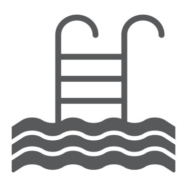 Havuzu glif simgesi, yüzmek ve su, merdiven işareti, vektör grafikleri, beyaz zemin üzerinde sağlam bir desen.