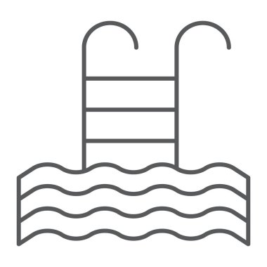 Havuzu ince çizgi simgesi, yüzmek ve su, merdiven işareti, vektör grafikleri, Doğrusal model beyaz bir arka plan üzerinde.