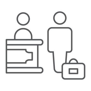 İade ince çizgi simgesi, otel ve Servisi, Resepsiyon işareti, vektör grafikleri, Doğrusal model beyaz bir arka plan üzerinde.