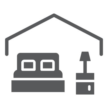 Yatak odası glif simgesi, otel ve uyku, yatak işareti, vektör grafikleri, beyaz zemin üzerinde sağlam bir desen.