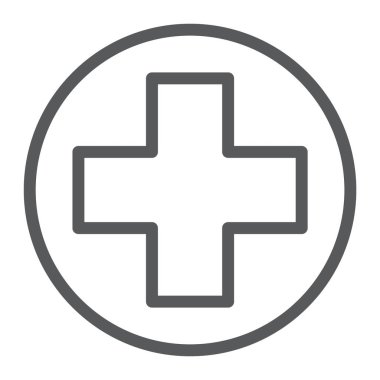 Tıbbi noktası satırı simgesi, ilaç ve hastane, yardım işareti, vektör grafikleri, doğrusal bir desen beyaz zemin üzerine gelin.