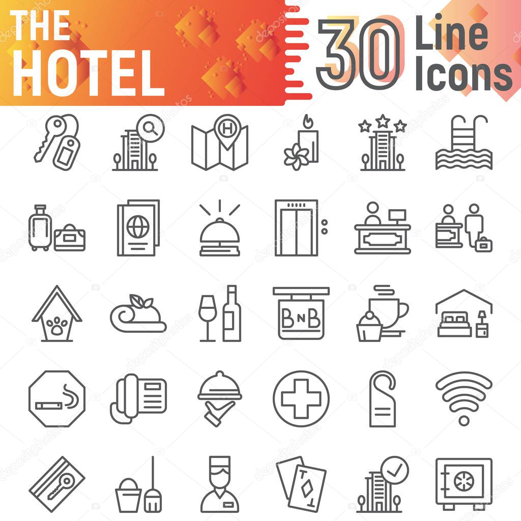 Hotel line icon set, service symbols collection, vector sketches, logo illustrations, hostel signs linear pictograms package isolated on white background, eps 10.