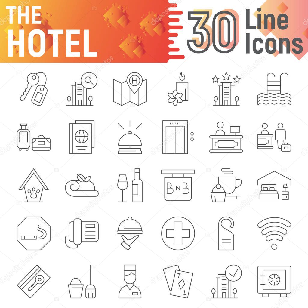 Hotel thin line icon set, service symbols collection, vector sketches, logo illustrations, hostel signs linear pictograms package isolated on white background, eps 10.