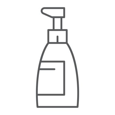 İnce çizgi simgesi, kozmetik ve yıkama sabunu, işareti, vektör grafikleri, Doğrusal model beyaz bir arka plan üzerinde şişe.