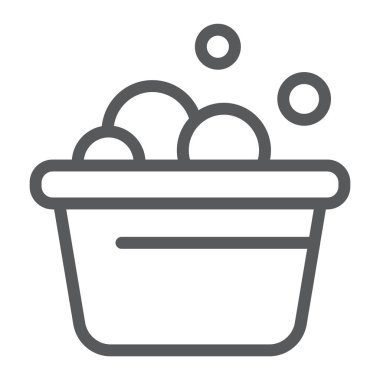 Çamaşırhane kova satırı simgesi, köpük ile temiz ve yıkama, havza işareti, vektör grafikleri, Doğrusal model beyaz bir arka plan üzerinde.