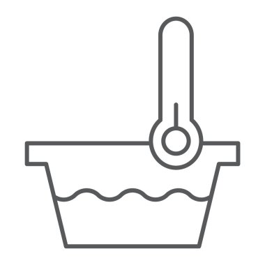 Düşük sıcaklık ince çizgi simgesi, gösterge ve yıkama, termometre ve havza imzalayın, vektör grafikleri, Doğrusal model beyaz bir arka plan üzerinde.