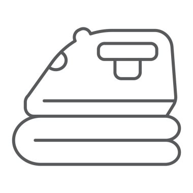 Ütü ince çizgi simgesi, ev ve cihaz, demir işareti, vektör grafikleri, Doğrusal model beyaz bir arka plan üzerinde.