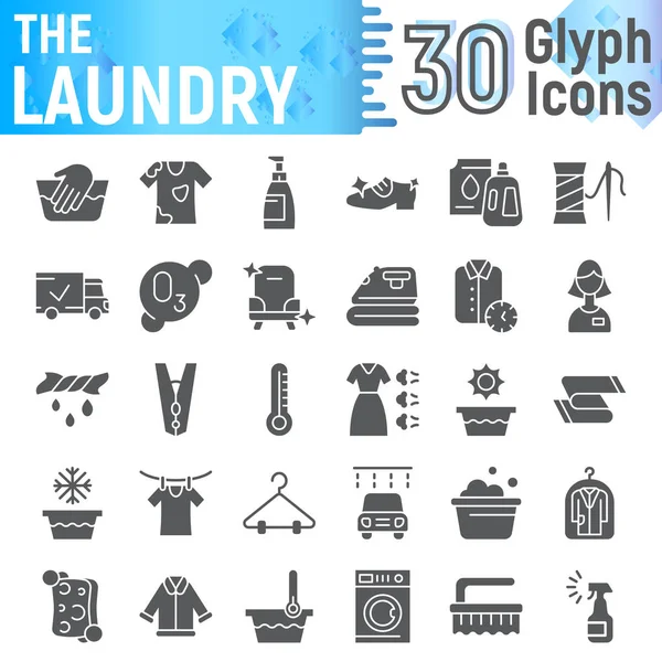 Conjunto de iconos de glifo de lavandería, colección de símbolos limpios, bocetos vectoriales, ilustraciones de logotipo, signos de lavado paquete pictogramas sólidos aislados sobre fondo blanco . — Vector de stock