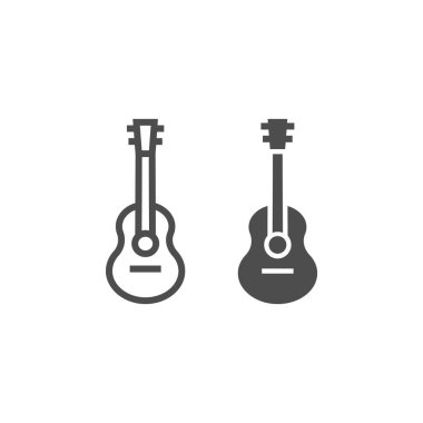 Akustik gitar satır ve karakter simgesi, müzik ve dize, araç işareti, vektör grafikleri, Doğrusal model beyaz bir arka plan üzerinde.