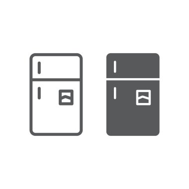 Buzdolabı satır ve karakter simgesi, donma ve ev, buzdolabı işareti, vektör grafikleri, Doğrusal model beyaz bir arka plan üzerinde.