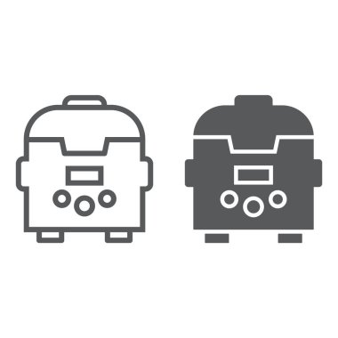 Multicooker satır ve karakter simgesi, mutfak ve ev, cihaz işareti, vektör grafikleri, Doğrusal model beyaz bir arka plan üzerinde.