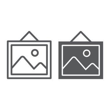 Satır ve karakter simgesi, ev ve çerçeve, fotoğraf işareti, vektör grafikleri, doğrusal bir model üzerinde beyaz bir arka plan resmi.