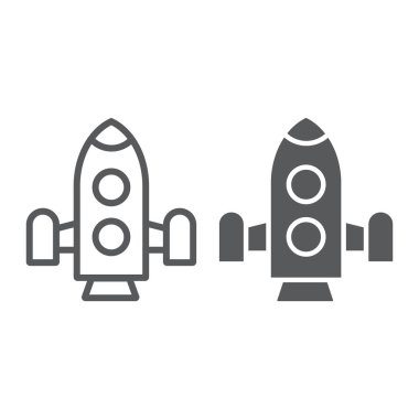 Roket çizgi ve glif simgesi, servisi ve astronomi, uzay gemisi işareti, vektör grafikleri, Doğrusal model beyaz bir arka plan üzerinde.