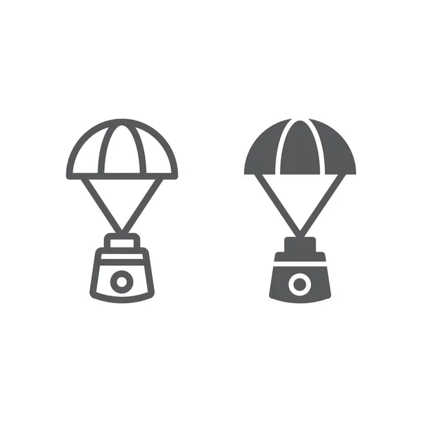 Línea de paracaídas cápsula e icono de glifo, espacio y exploración, signo de paracaídas espacio, gráficos vectoriales, un patrón lineal sobre un fondo blanco . — Vector de stock