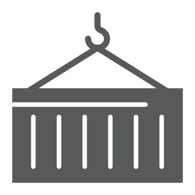 Konteyner glif simgesi, kargo ve nakliye, Vinç işareti, vektör grafikleri, beyaz zemin üzerinde sağlam bir desen.