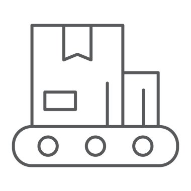 Konveyör ince çizgi simgesi, üretim ve fabrika, üretim işareti, vektör grafikleri, Doğrusal model beyaz bir arka plan üzerinde.