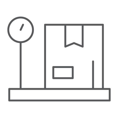 Ağırlık ölçek ince çizgi simgesi, navlun ve nakliye, kargo ölçek işareti, vektör grafikleri, Doğrusal model beyaz bir arka plan üzerinde.