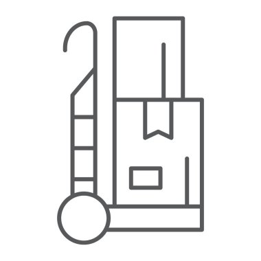 Arabası ince çizgi simgesi, kargo ve paket, kamyon işaret, vektör grafikleri, Doğrusal model beyaz bir arka plan üzerinde.