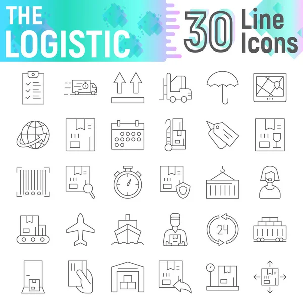 Conjunto de iconos de línea delgada logística, colección de símbolos de entrega, bocetos vectoriales, ilustraciones de logotipos, signos de envío paquete de pictogramas lineales aislados sobre fondo blanco . — Vector de stock