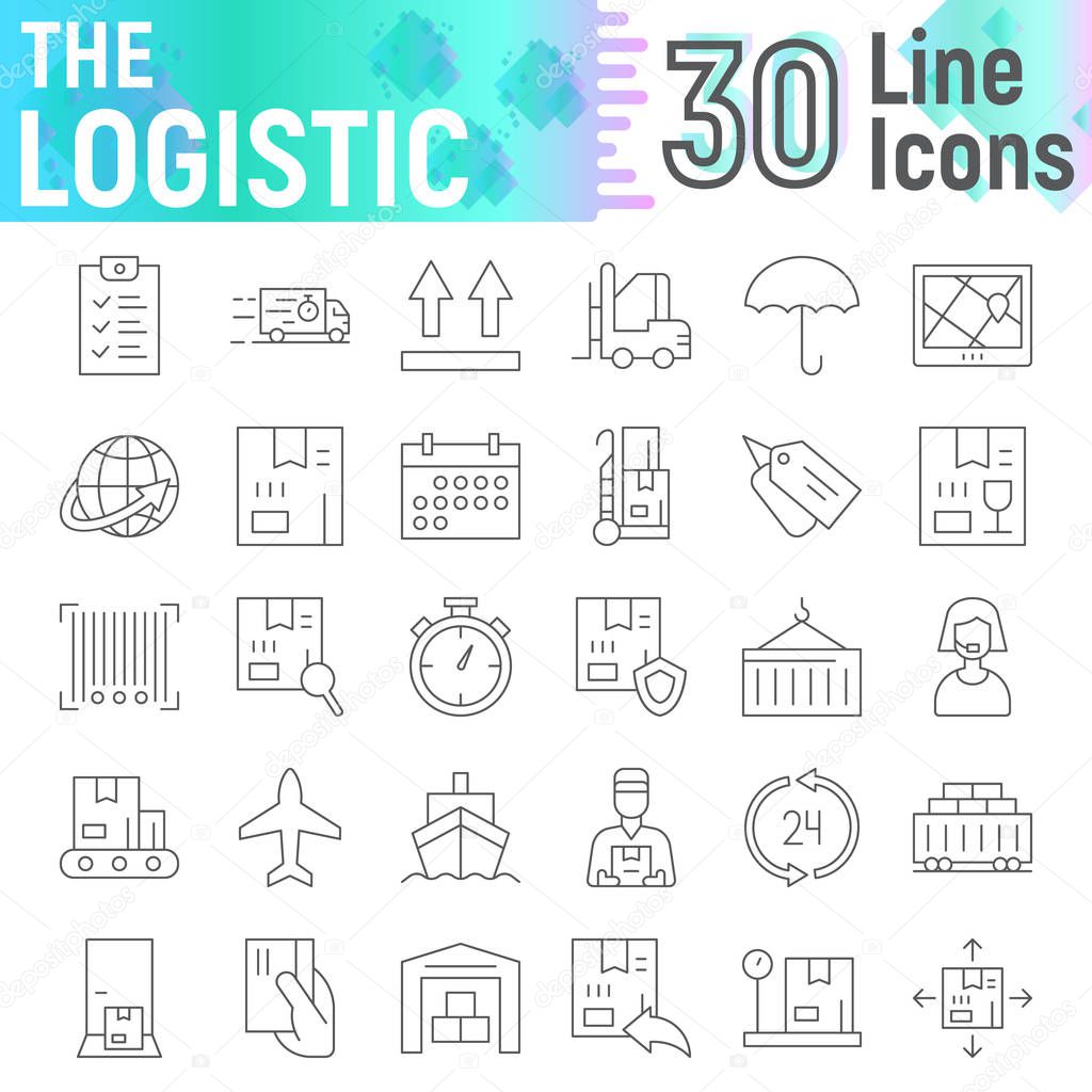 Logistic thin line icon set, delivery symbols collection, vector sketches, logo illustrations, shipping signs linear pictograms package isolated on white background.