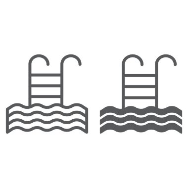 Havuzu satır ve karakter simgesi, yüzmek ve su, merdiven işareti, vektör grafikleri, Doğrusal model beyaz bir arka plan üzerinde.