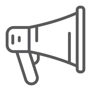 Promosyon satırı simgesi, megafon ve iletişim, hoparlör işareti, vektör grafik, bir doğrusal model beyaz bir arka plan üzerinde.