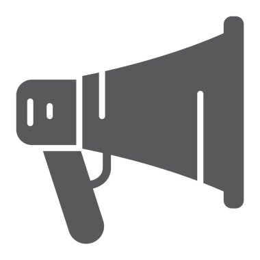 Promosyon glif simgesi, megafon ve iletişim, hoparlör işareti, vektör grafikleri, beyaz zemin üzerinde sağlam bir desen.