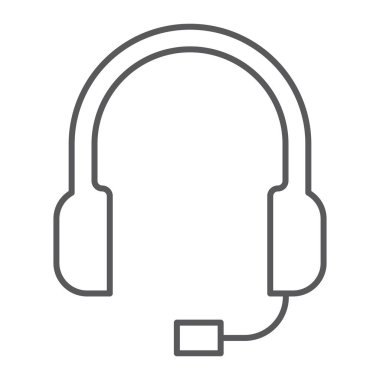 İnce çizgi simgesi, yardım hattı ve operatör, kulaklık işareti, vektör grafikleri, Doğrusal model beyaz bir arka plan üzerinde destek.