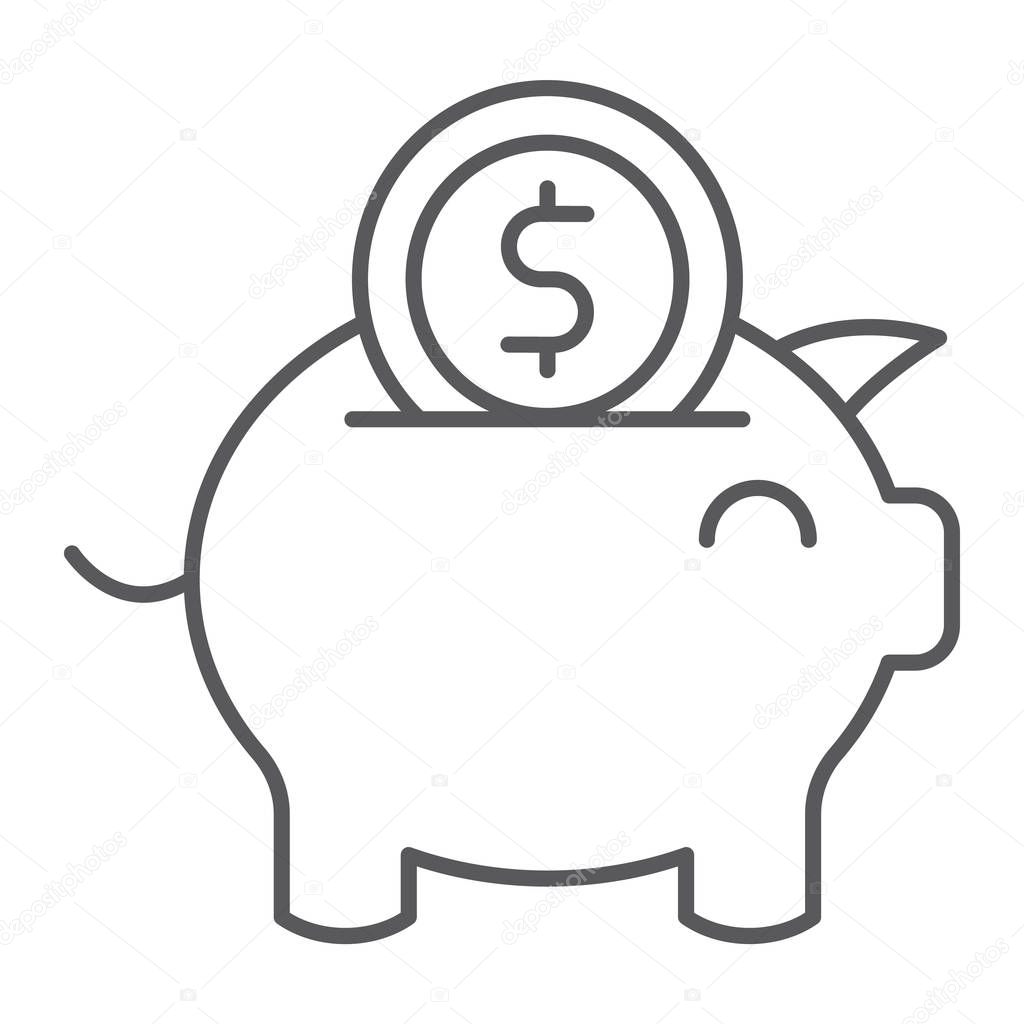 Piggy bank thin line icon, finance and economy, money sign, vector graphics, a linear pattern on a white background, eps 10.