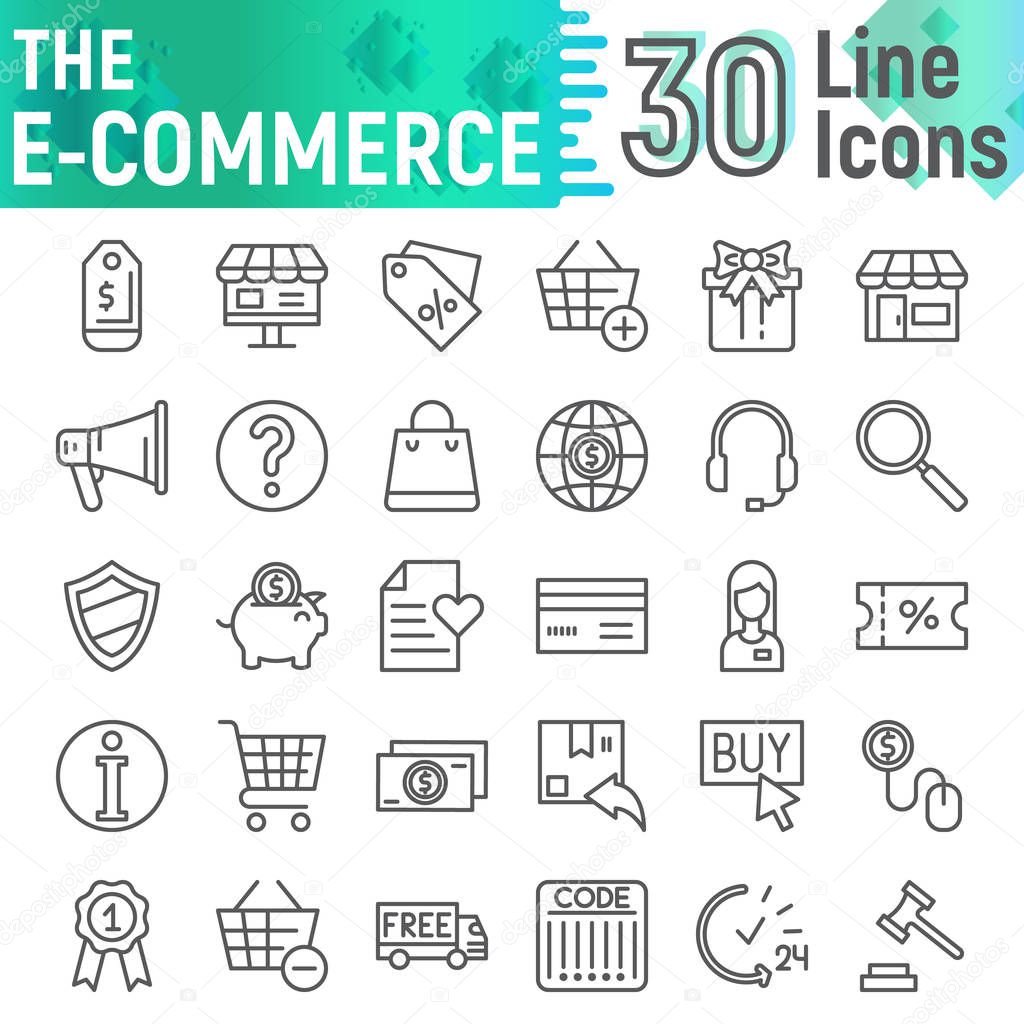E-commerce line icon set, shopping symbols collection, vector sketches, logo illustrations, buy signs linear pictograms package isolated on white background, eps 10.