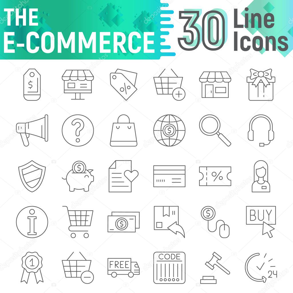 E-commerce thin line icon set, shopping symbols collection, vector sketches, logo illustrations, buy signs linear pictograms package isolated on white background, eps 10.