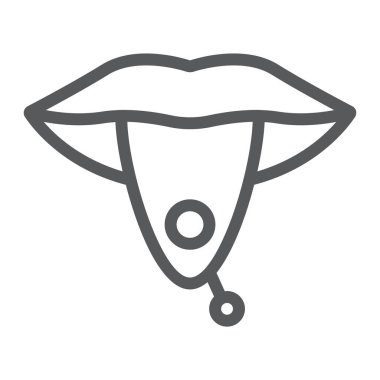 Satırı simgesi, takı ve aksesuar, deldi dil işareti, vektör grafikleri, Doğrusal model beyaz bir arka plan üzerinde piercing dil.