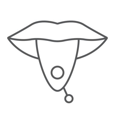 İnce çizgi simgesi, mücevher ve aksesuar, deldi dil işareti, vektör grafikleri, Doğrusal model beyaz bir arka plan üzerinde piercing dil.