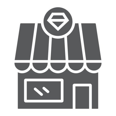 Jewerly dükkanı glif simgesi, bina ve aksesuar, elmas deposu işareti, vektör grafikleri, beyaz zemin üzerinde sağlam bir desen.