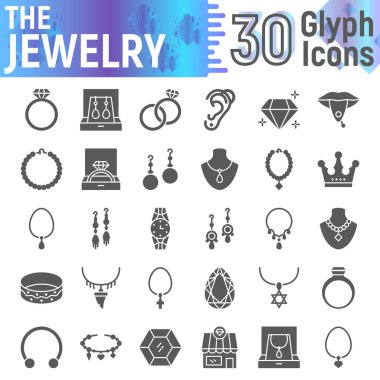 Takı glif Icon set, aksesuar semboller koleksiyonu, vektör çizimler, logo illüstrasyonlar, mücevher işaretleri katı sembollerin paket beyaz arka plan üzerinde izole.