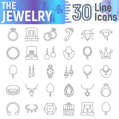 Takı ince çizgi Icon set, aksesuar semboller koleksiyonu, vektör çizimler, logo illüstrasyonlar, mücevher işaretleri doğrusal sembollerin paket beyaz arka plan üzerinde izole.