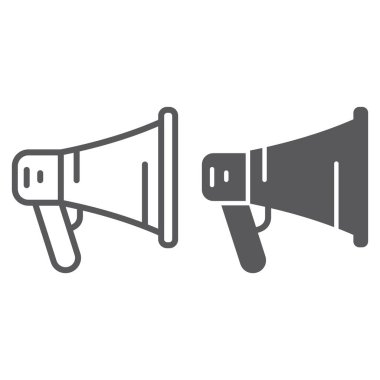 Promosyon çizgi ve glif simgesi, megafon ve iletişim, hoparlör işareti, vektör grafikleri, Doğrusal model beyaz bir arka plan üzerinde.