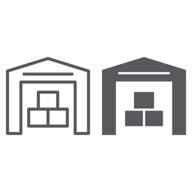 Satır ve karakter simgesi, bina ve mağaza, depolama işareti, vektör grafikleri, Doğrusal model beyaz bir arka plan üzerinde ambar.