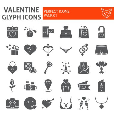 Sevgililer glif Icon set, romantik semboller koleksiyonu, vektör çizimler, logo illüstrasyonlar, katı sembollerin paket izole aşk işaretleri beyaz arka plan.