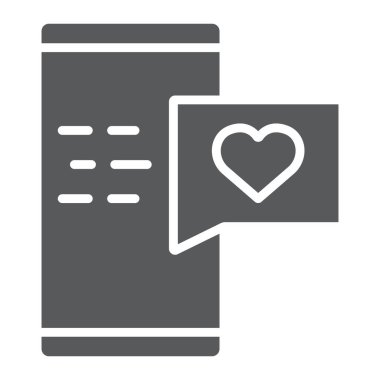 İleti glif simgesi, sohbet ve romantizm, romantik sohbet işareti, vektör grafikleri, beyaz zemin üzerinde sağlam bir desen seviyorum.