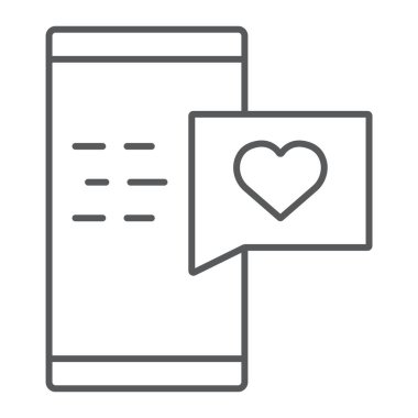 İleti ince çizgi simgesi, sohbet ve romantizm, romantik sohbet işareti, vektör grafikleri, Doğrusal model beyaz bir arka plan üzerinde seviyorum.