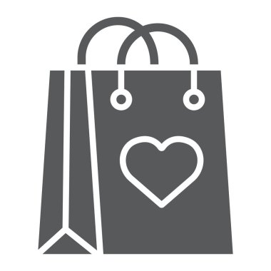 Alışveriş çantası kalp glif simgesi, sevgi ve paketi, hediye çanta ile işareti, vektör grafikleri, beyaz zemin üzerinde sağlam bir desen.