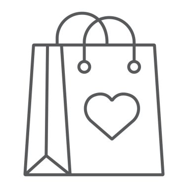 Alışveriş çantası ile kalp ince çizgi simgesi, aşk ve paketi, hediye çanta işareti, vektör grafikleri, Doğrusal model beyaz bir arka planda eps 10.