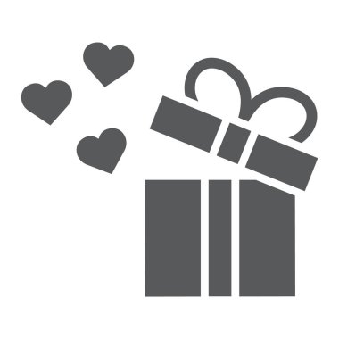 Hediye glif simgesi, sevgi ve paketi, hediye kutusu ile kalp işareti, vektör grafikleri, beyaz zemin üzerinde sağlam bir desen.