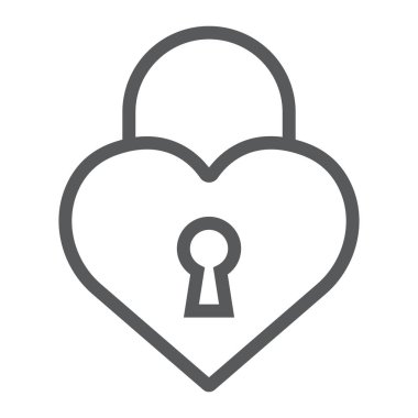 Kalp kilidi satırı simgesi, aşk ve asma kilit, aşk kilit işareti, vektör grafikleri, Doğrusal model beyaz bir arka plan üzerinde.