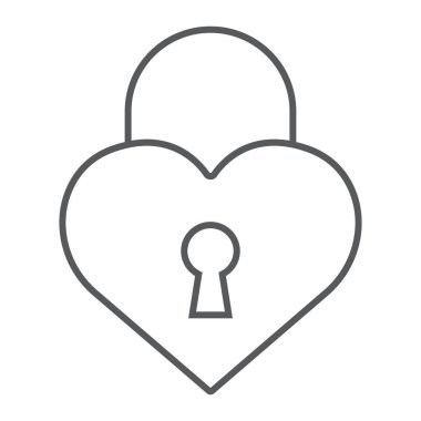 Kalp Kilit ince çizgi simgesi, aşk ve asma kilit, aşk kilit işareti, vektör grafikleri, Doğrusal model beyaz bir arka plan üzerinde.