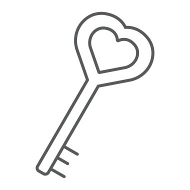 Anahtar ince çizgi simgesi, sevgi ve kilit, kalp anahtar işareti, vektör grafikleri, Doğrusal model beyaz bir arka plan üzerinde seviyorum.