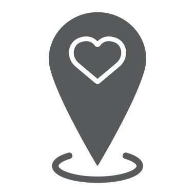 Konumu glif simgesi, sevgi ve gps, harita işaretçi işaret, vektör grafikleri, beyaz zemin üzerinde sağlam bir desen seviyorum.