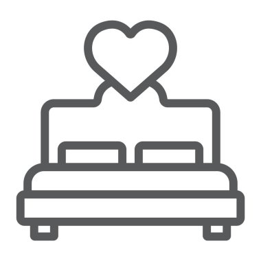 Aşık satırı simgesi, sevgi ve uyku, Çift Kişilik Yatak işareti, vektör grafikleri, Doğrusal model beyaz bir arka plan üzerinde yatak.